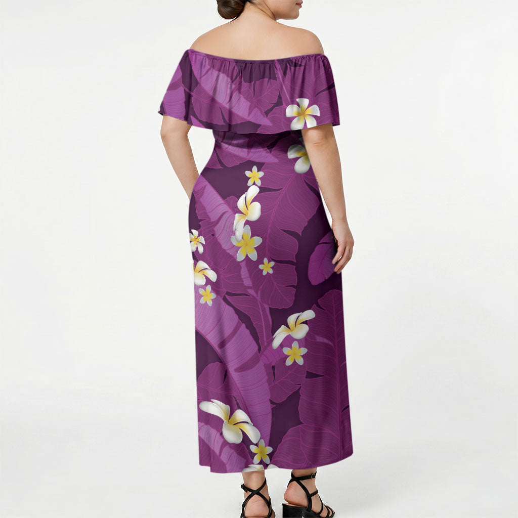 Purple Banana Leaf Hawaii Off Shoulder Maxi Dress Lau Maia Plumeria Tropical Summer Vibes LT14 - Polynesian Pride