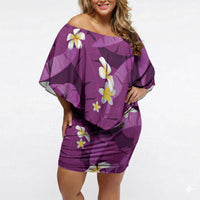Purple Banana Leaf Hawaii Off Shoulder Short Dress Lau Maia Plumeria Tropical Summer Vibes LT14 Women Purple - Polynesian Pride