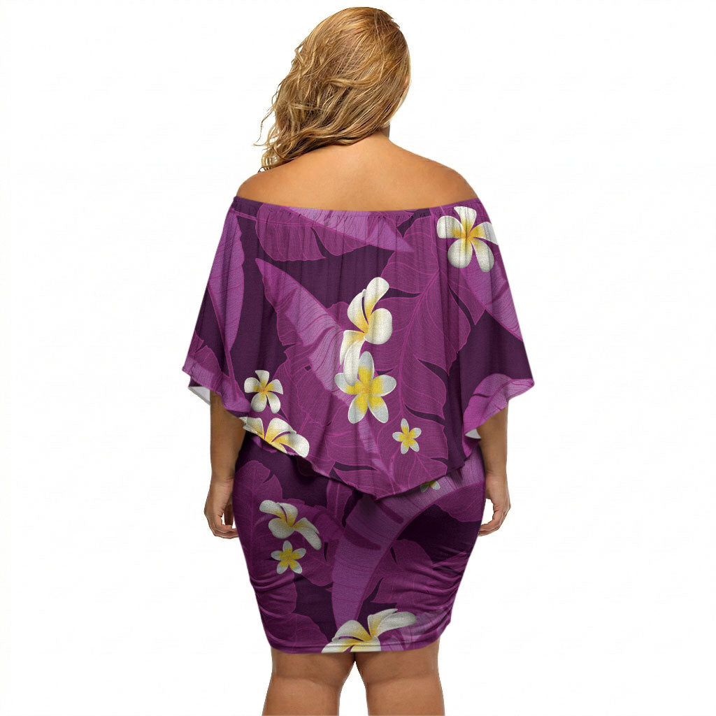 Purple Banana Leaf Hawaii Off Shoulder Short Dress Lau Maia Plumeria Tropical Summer Vibes LT14 - Polynesian Pride