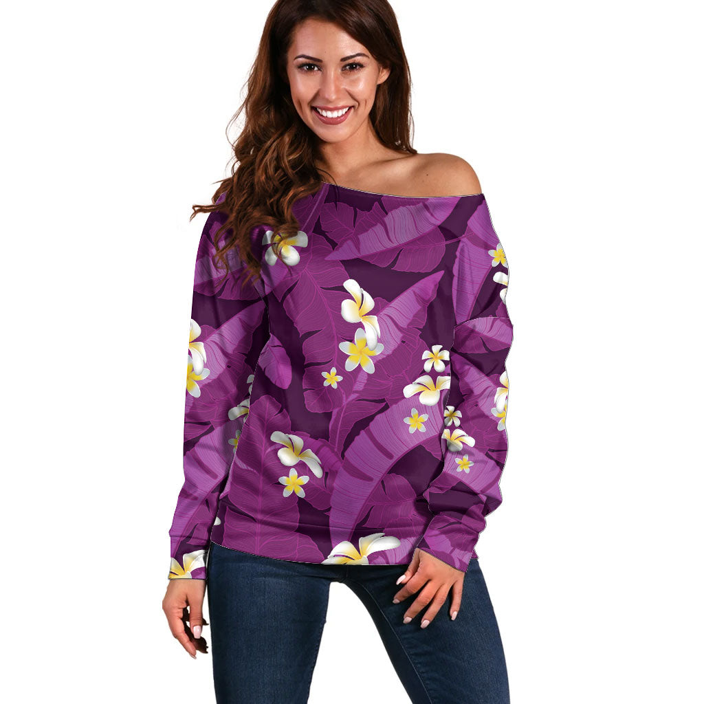 Purple Banana Leaf Hawaii Off Shoulder Sweater Lau Maia Plumeria Tropical Summer Vibes LT14 Women Purple - Polynesian Pride