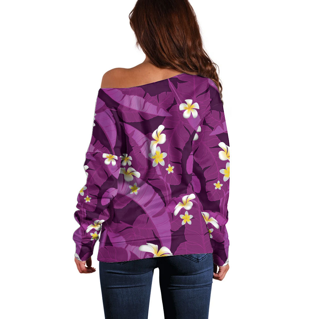 Purple Banana Leaf Hawaii Off Shoulder Sweater Lau Maia Plumeria Tropical Summer Vibes LT14 - Polynesian Pride