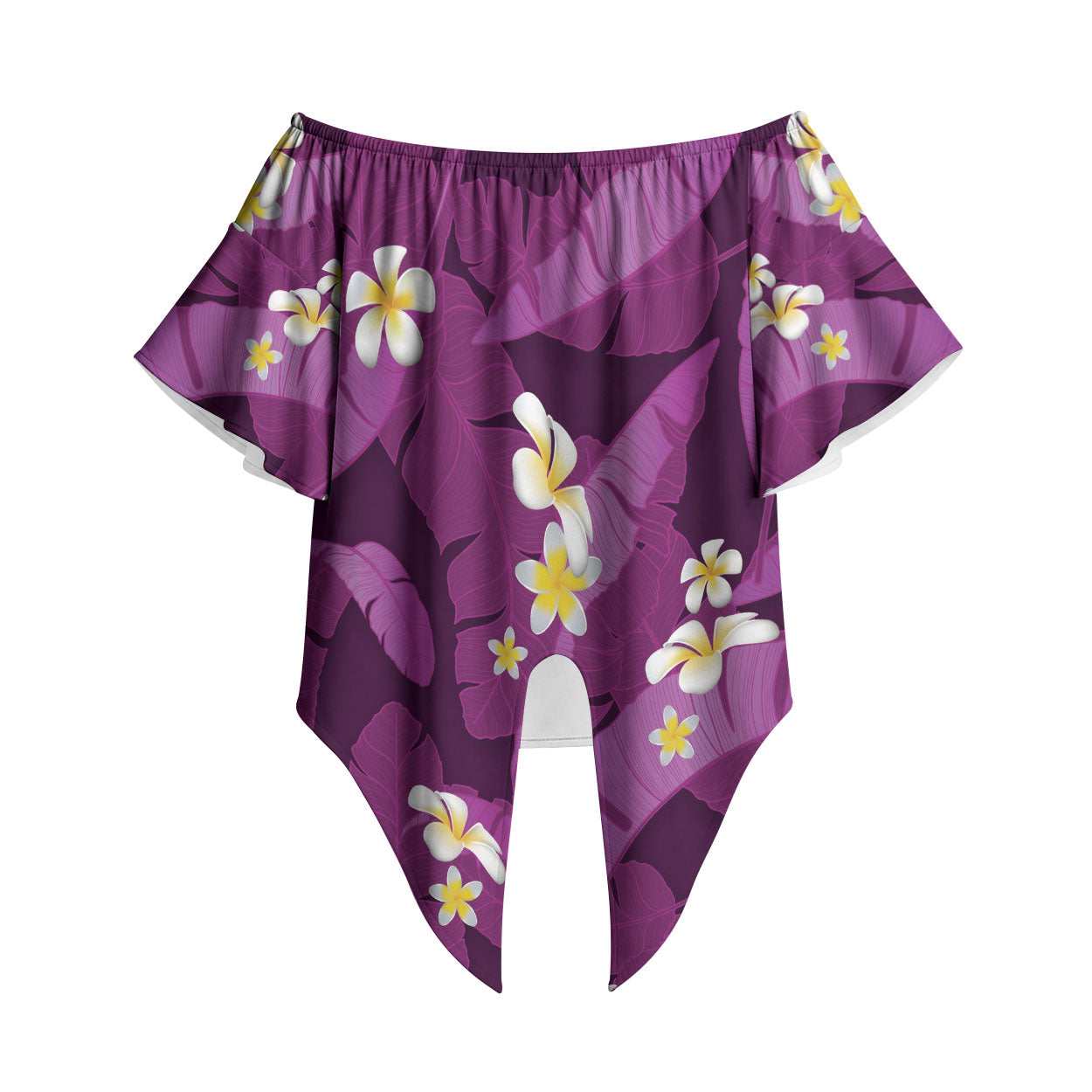 Purple Banana Leaf Hawaii Off Shoulder Wrap Waist Top Lau Maia Plumeria Tropical Summer Vibes LT14 Purple - Polynesian Pride