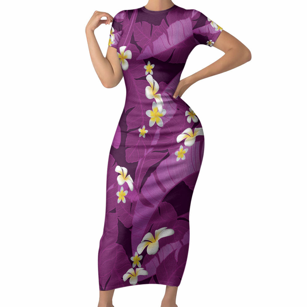 Purple Banana Leaf Hawaii Short Sleeve Bodycon Dress Lau Maia Plumeria Tropical Summer Vibes LT14 Long Dress Purple - Polynesian Pride