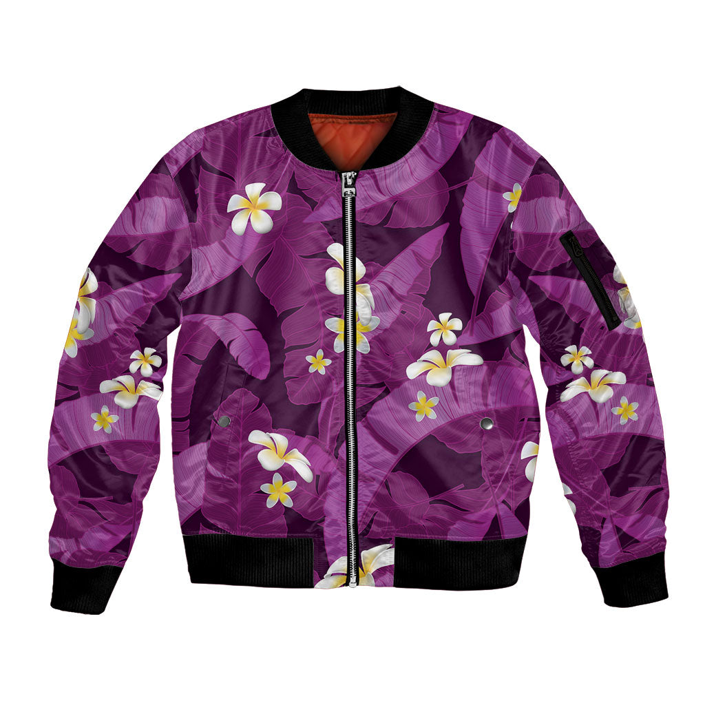 Purple Banana Leaf Hawaii Sleeve Zip Bomber Jacket Lau Maia Plumeria Tropical Summer Vibes LT14 Unisex Purple - Polynesian Pride