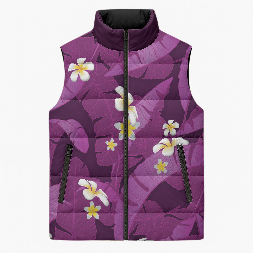 Purple Banana Leaf Hawaii Sleeveless Puffer Jacket Lau Maia Plumeria Tropical Summer Vibes LT14 Unisex Purple - Polynesian Pride