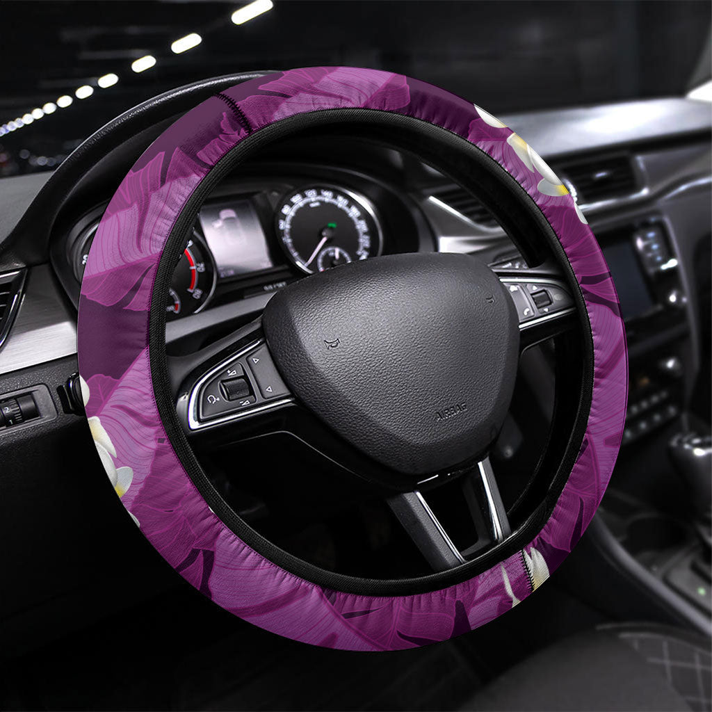 Purple Banana Leaf Hawaii Steering Wheel Cover Lau Maia Plumeria Tropical Summer Vibes LT14 Universal Fit Purple - Polynesian Pride