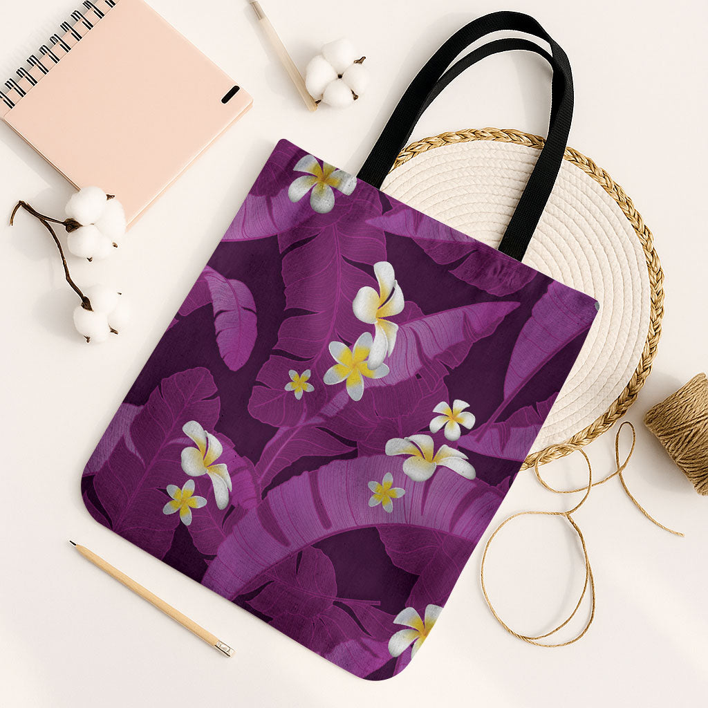 Purple Banana Leaf Hawaii Tote Bag Lau Maia Plumeria Tropical Summer Vibes LT14 Black Strap One Size Purple - Polynesian Pride