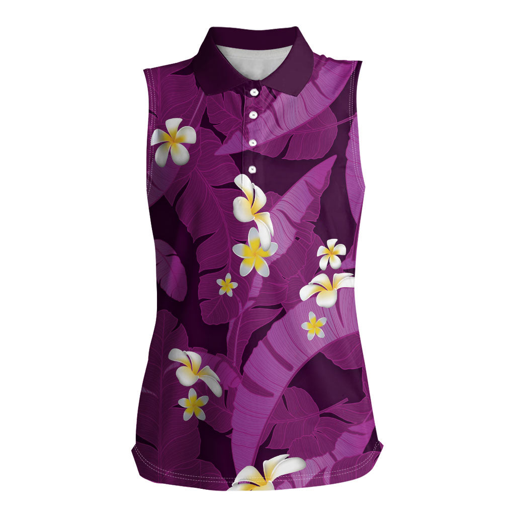 Purple Banana Leaf Hawaii Women Sleeveless Polo Shirt Lau Maia Plumeria Tropical Summer Vibes LT14 Female Purple - Polynesian Pride
