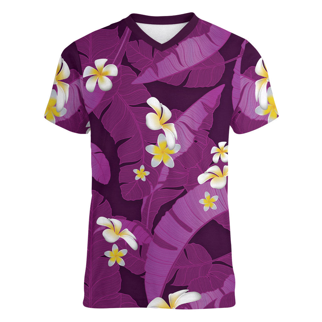 Purple Banana Leaf Hawaii Women V-Neck T-Shirt Lau Maia Plumeria Tropical Summer Vibes LT14 Female Purple - Polynesian Pride