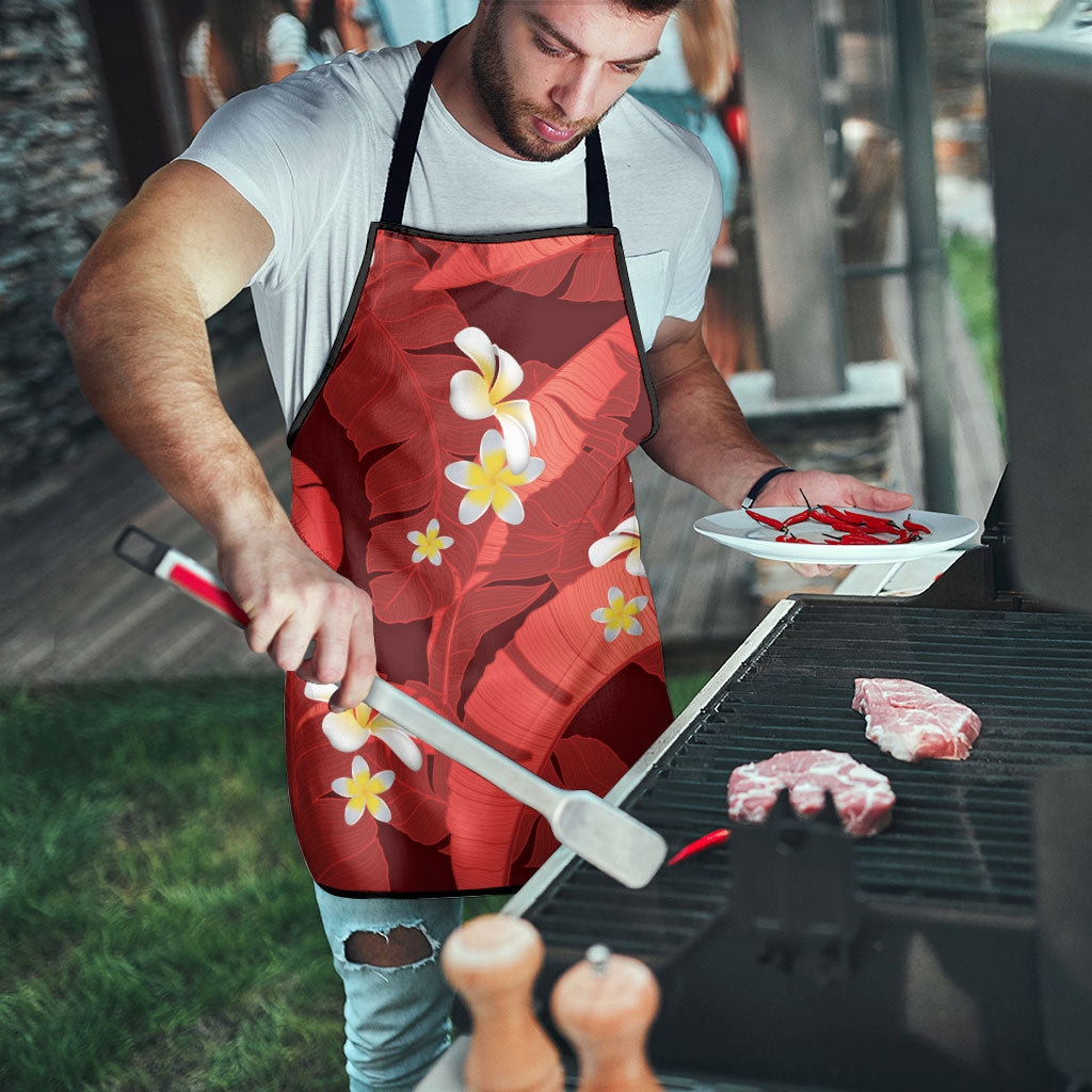 Red Banana Leaf Hawaii Apron Lau Maia Plumeria Tropical Summer Vibes LT14 - Polynesian Pride
