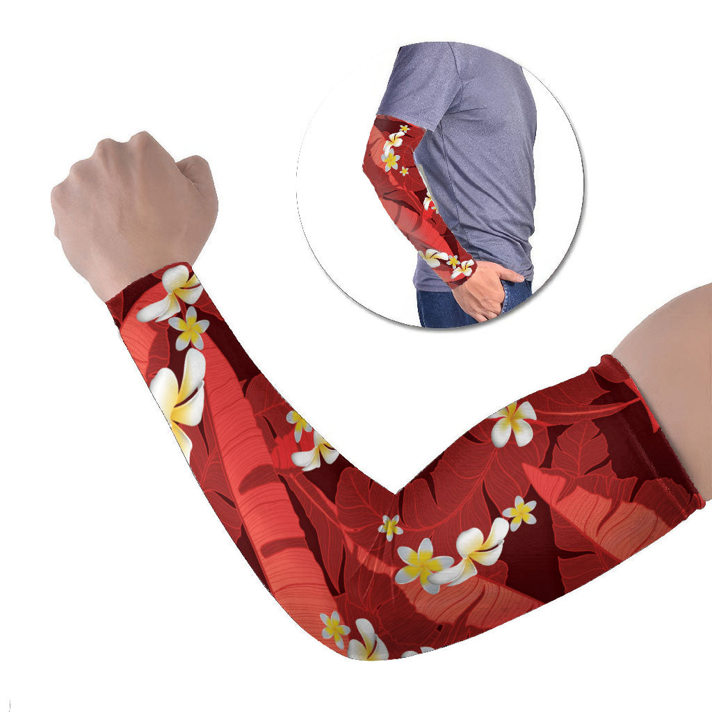 Red Banana Leaf Hawaii Arm Sleeves Lau Maia Plumeria Tropical Summer Vibes LT14 Set of 2 Red - Polynesian Pride