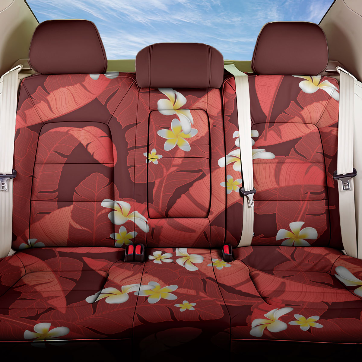 Red Banana Leaf Hawaii Back Car Seat Cover Lau Maia Plumeria Tropical Summer Vibes LT14 One Size Red - Polynesian Pride