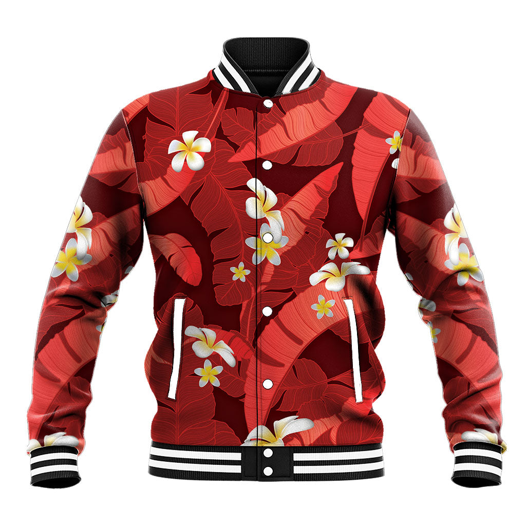 Red Banana Leaf Hawaii Baseball Jacket Lau Maia Plumeria Tropical Summer Vibes LT14 Unisex Red - Polynesian Pride