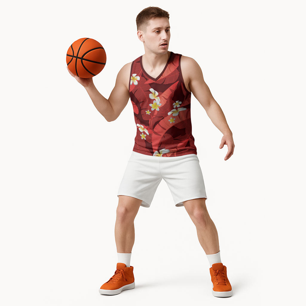 Red Banana Leaf Hawaii Basketball Jersey Lau Maia Plumeria Tropical Summer Vibes LT14 - Polynesian Pride