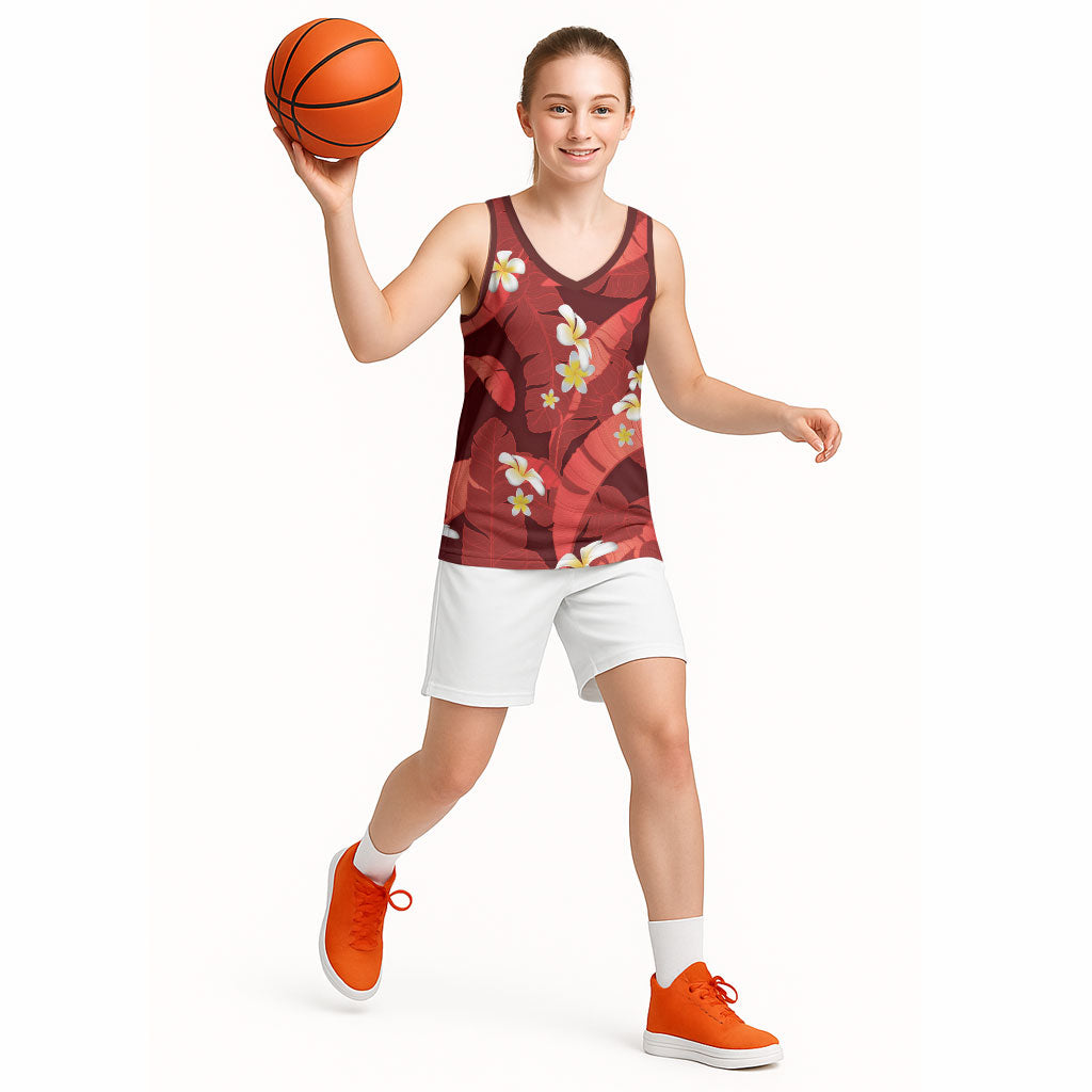 Red Banana Leaf Hawaii Basketball Jersey Lau Maia Plumeria Tropical Summer Vibes LT14 - Polynesian Pride