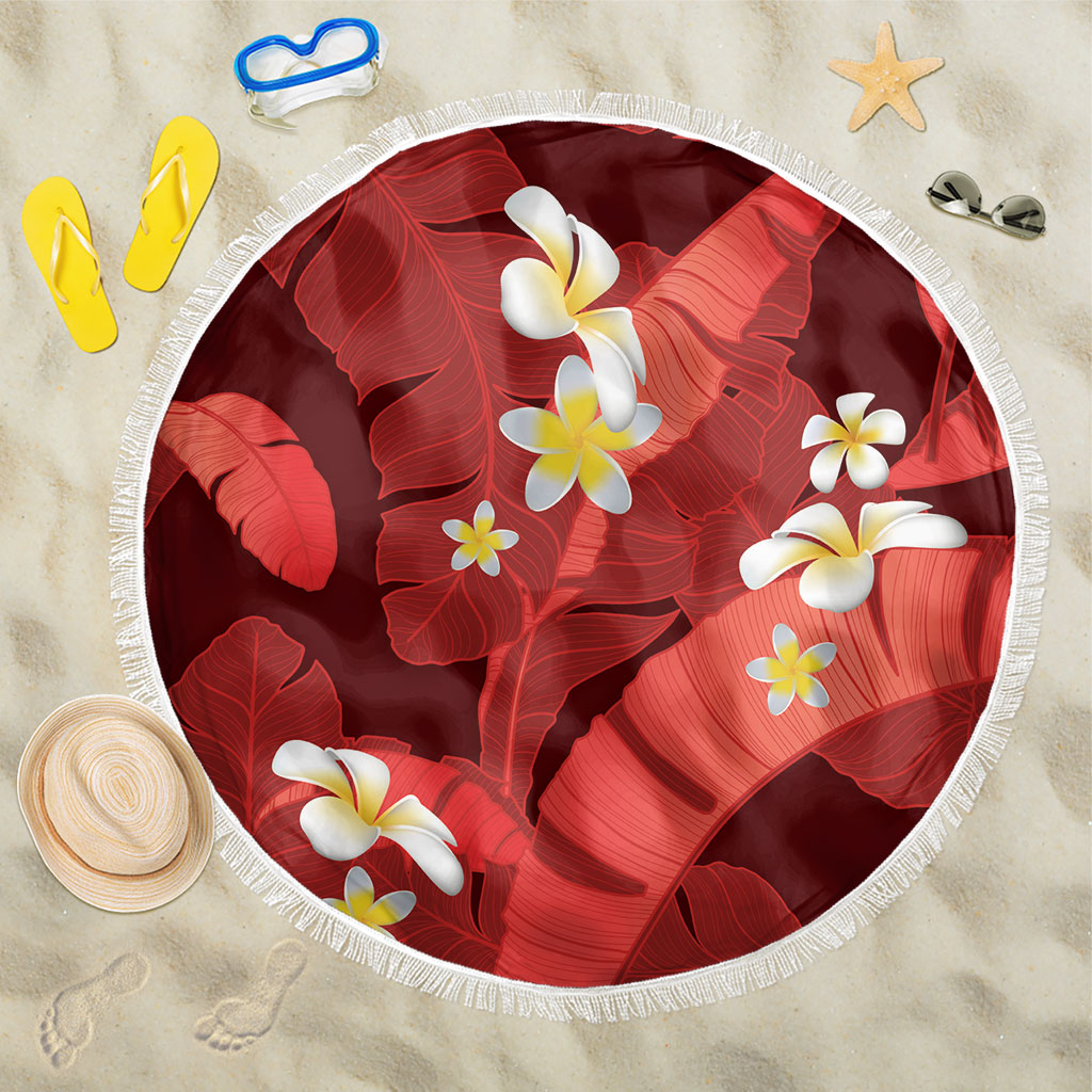 Red Banana Leaf Hawaii Beach Blanket Lau Maia Plumeria Tropical Summer Vibes LT14 One Size 150cm Red - Polynesian Pride