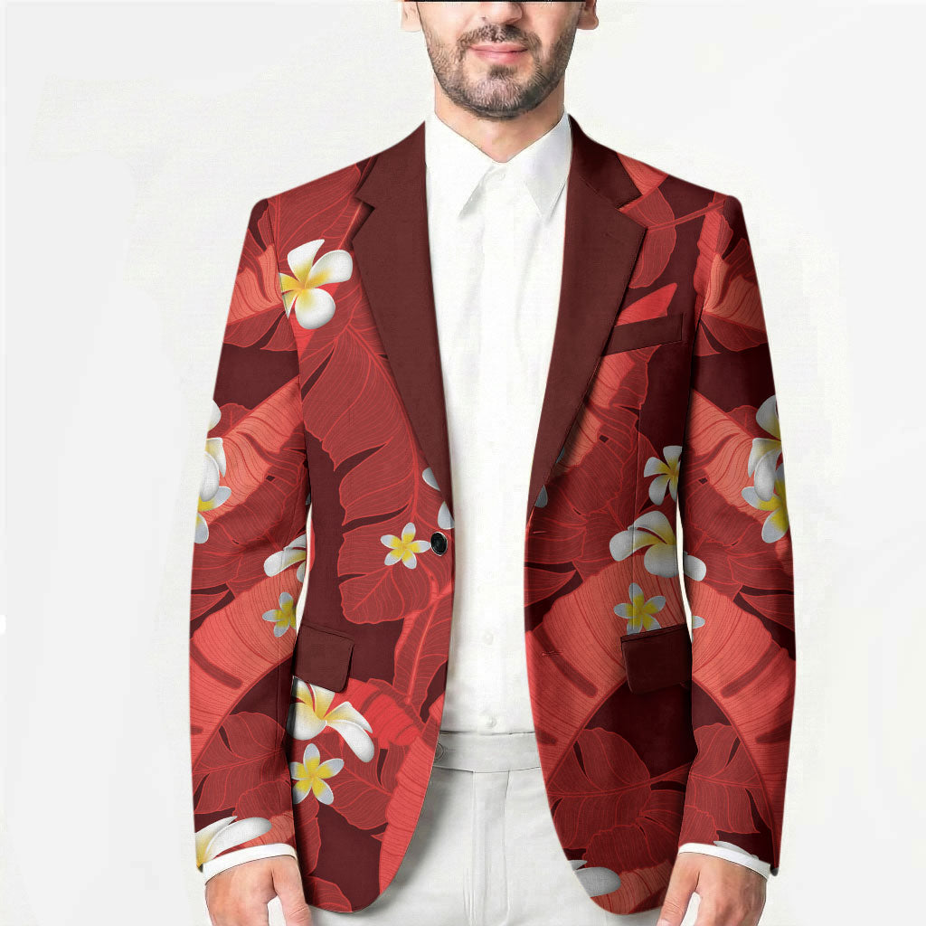Red Banana Leaf Hawaii Blazer Lau Maia Plumeria Tropical Summer Vibes LT14 - Polynesian Pride