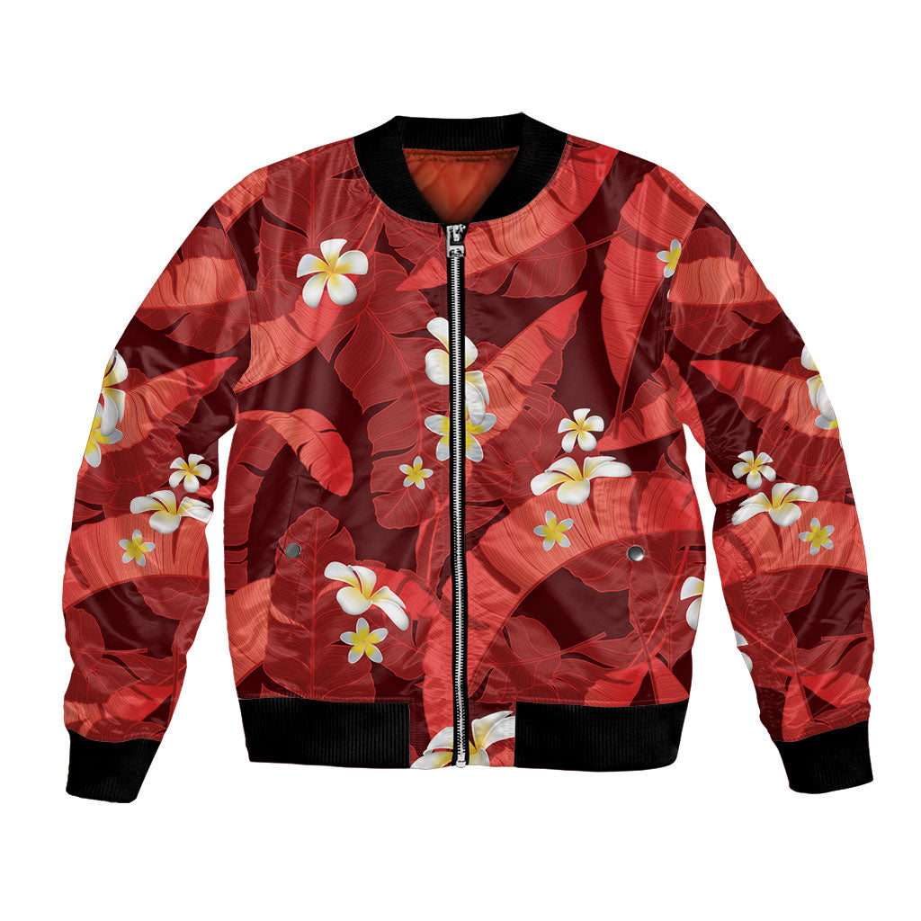Red Banana Leaf Hawaii Bomber Jacket Lau Maia Plumeria Tropical Summer Vibes LT14 Unisex Red - Polynesian Pride