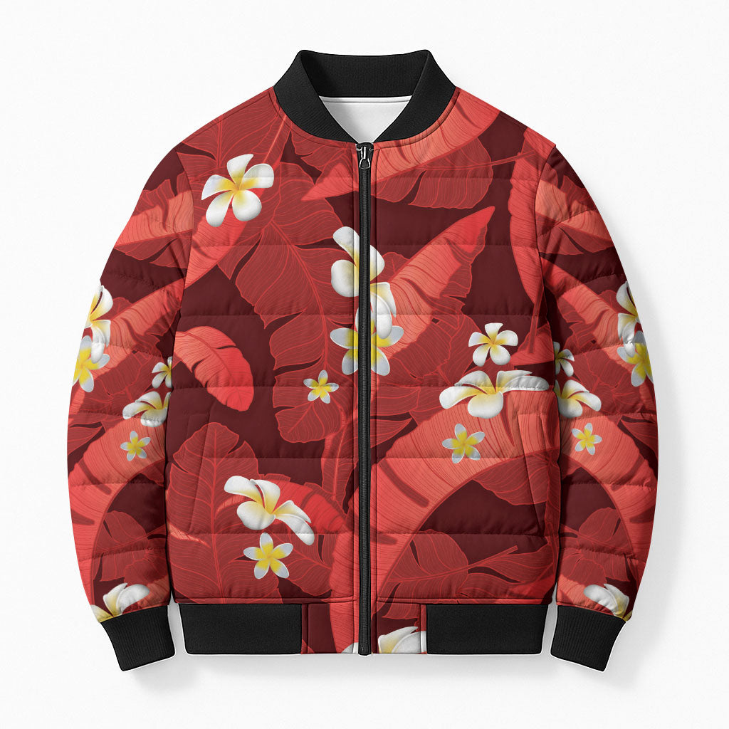 Red Banana Leaf Hawaii Bomber Puffer Jacket Lau Maia Plumeria Tropical Summer Vibes LT14 Unisex Red - Polynesian Pride