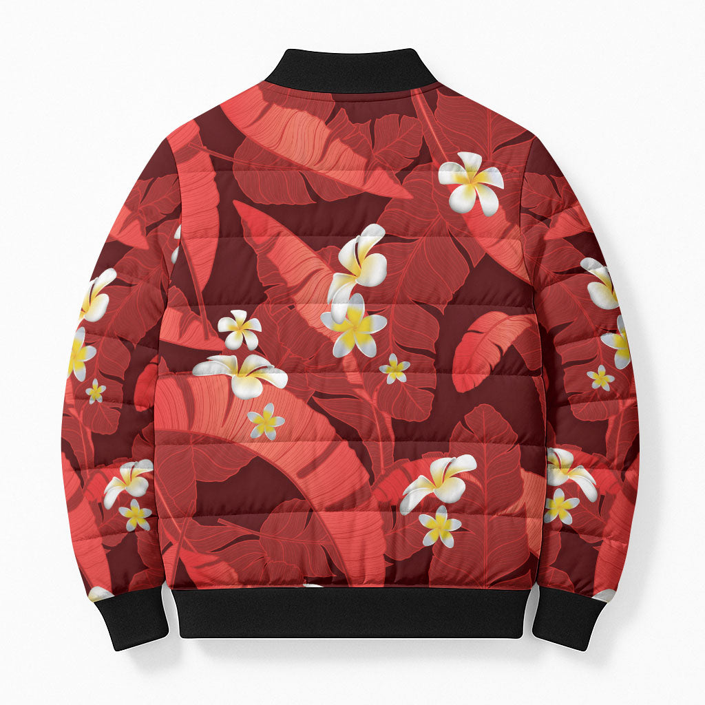 Red Banana Leaf Hawaii Bomber Puffer Jacket Lau Maia Plumeria Tropical Summer Vibes LT14 - Polynesian Pride