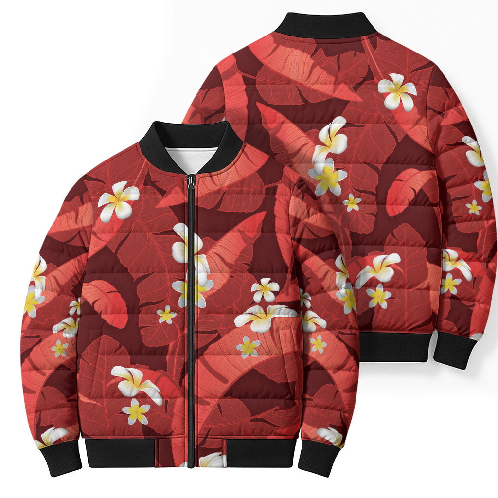 Red Banana Leaf Hawaii Bomber Puffer Jacket Lau Maia Plumeria Tropical Summer Vibes LT14 - Polynesian Pride