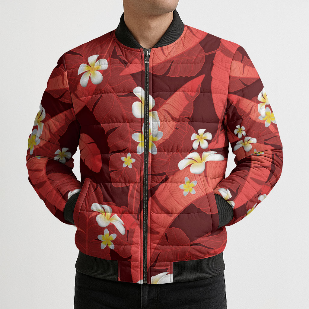 Red Banana Leaf Hawaii Bomber Puffer Jacket Lau Maia Plumeria Tropical Summer Vibes LT14 - Polynesian Pride
