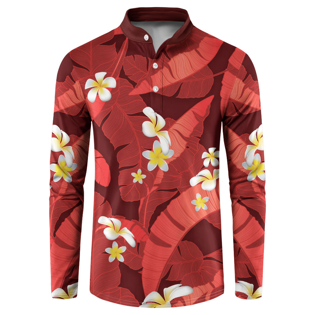 Red Banana Leaf Hawaii Button Sweatshirt Lau Maia Plumeria Tropical Summer Vibes LT14 Red - Polynesian Pride