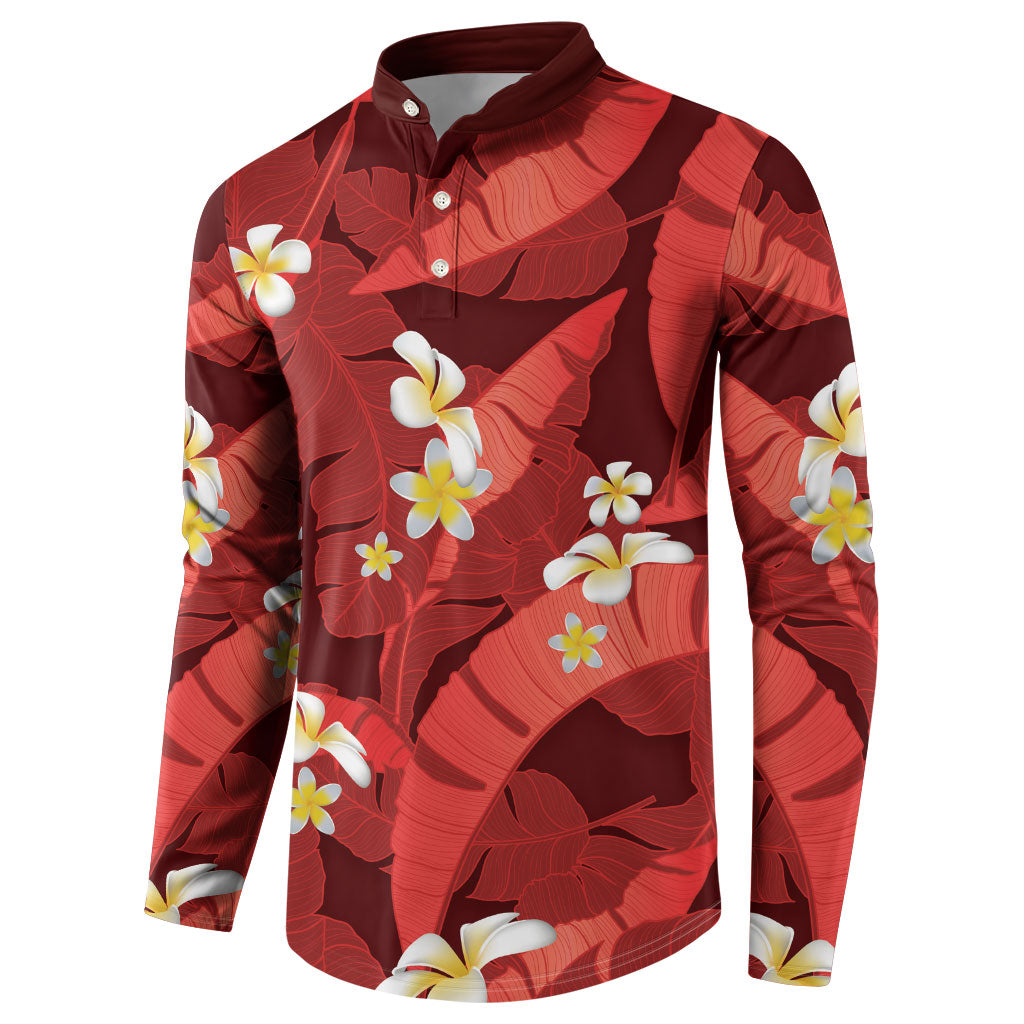 Red Banana Leaf Hawaii Button Sweatshirt Lau Maia Plumeria Tropical Summer Vibes LT14 - Polynesian Pride