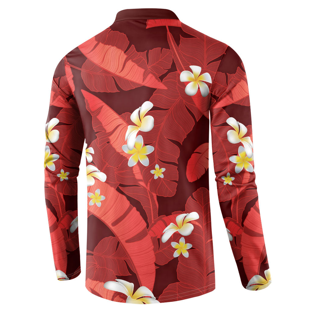 Red Banana Leaf Hawaii Button Sweatshirt Lau Maia Plumeria Tropical Summer Vibes LT14 - Polynesian Pride