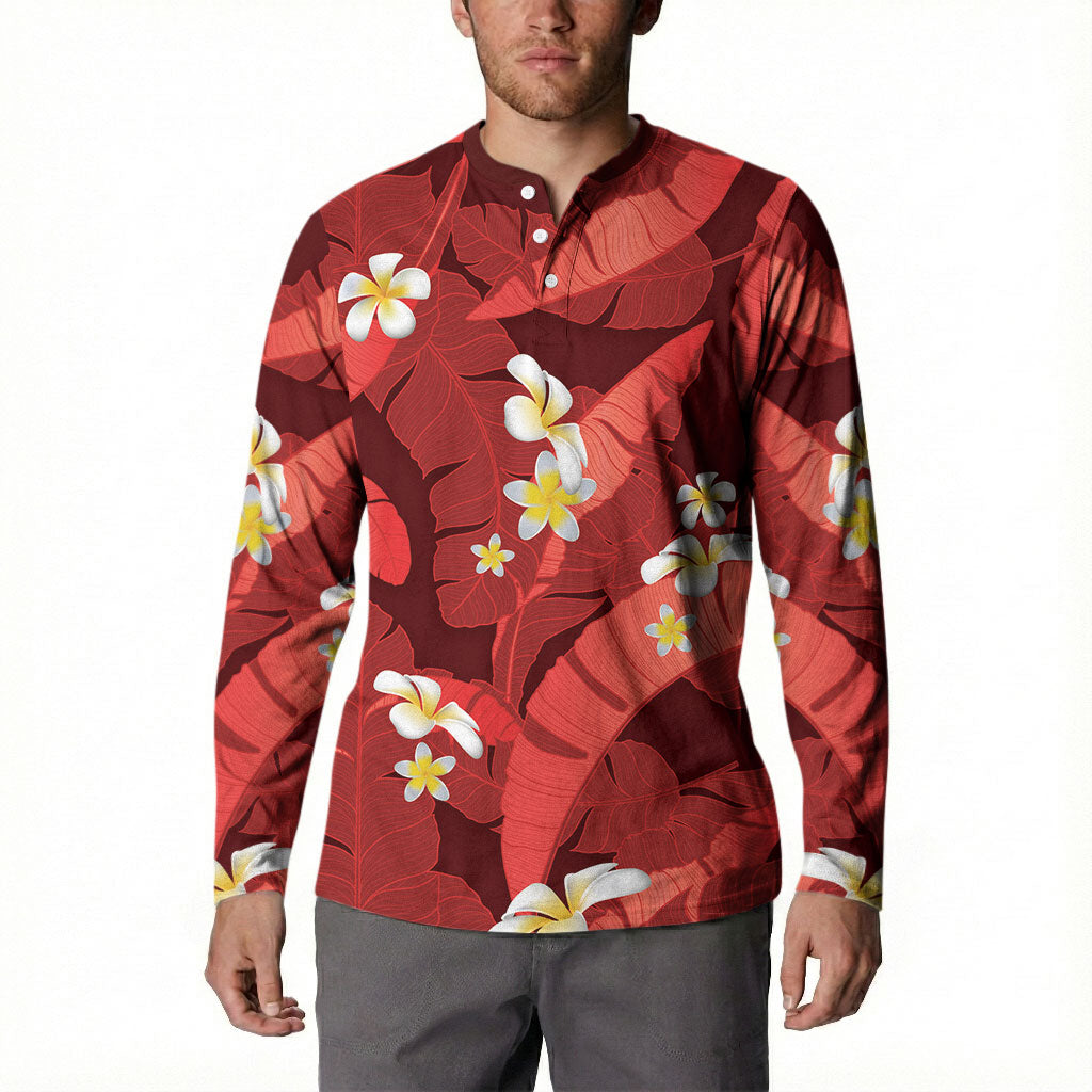 Red Banana Leaf Hawaii Button Sweatshirt Lau Maia Plumeria Tropical Summer Vibes LT14 - Polynesian Pride