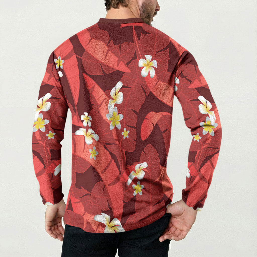 Red Banana Leaf Hawaii Button Sweatshirt Lau Maia Plumeria Tropical Summer Vibes LT14 - Polynesian Pride