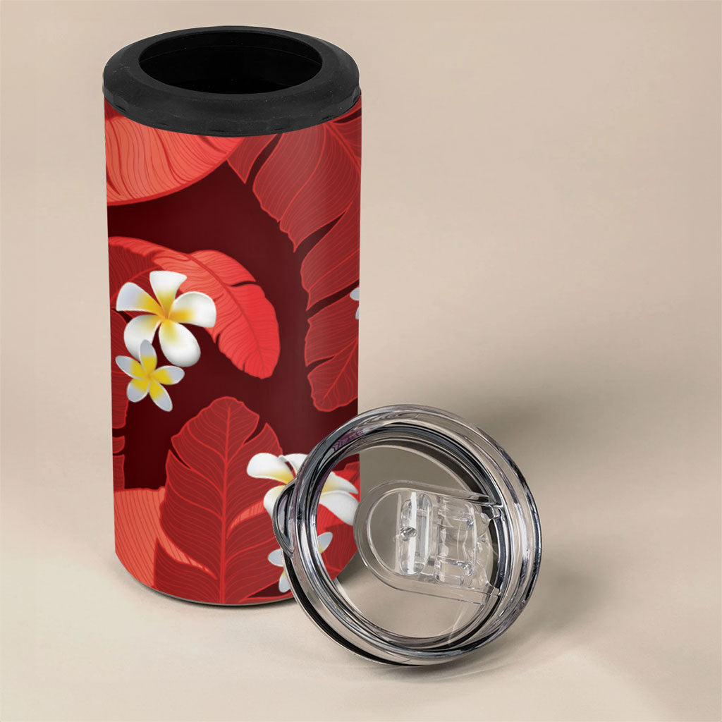 Red Banana Leaf Hawaii 4 in 1 Can Cooler Tumbler Lau Maia Plumeria Tropical Summer Vibes LT14 - Polynesian Pride