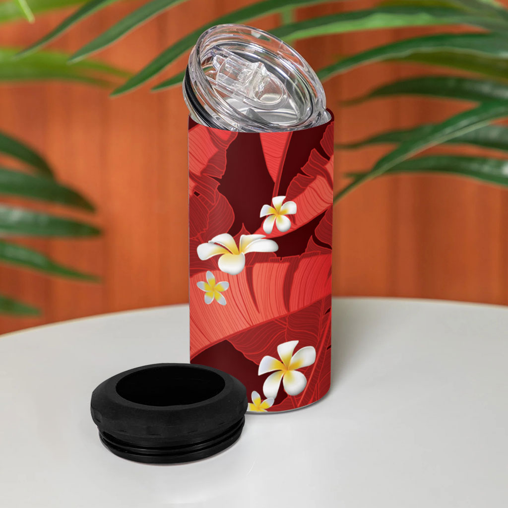 Red Banana Leaf Hawaii 4 in 1 Can Cooler Tumbler Lau Maia Plumeria Tropical Summer Vibes LT14 - Polynesian Pride