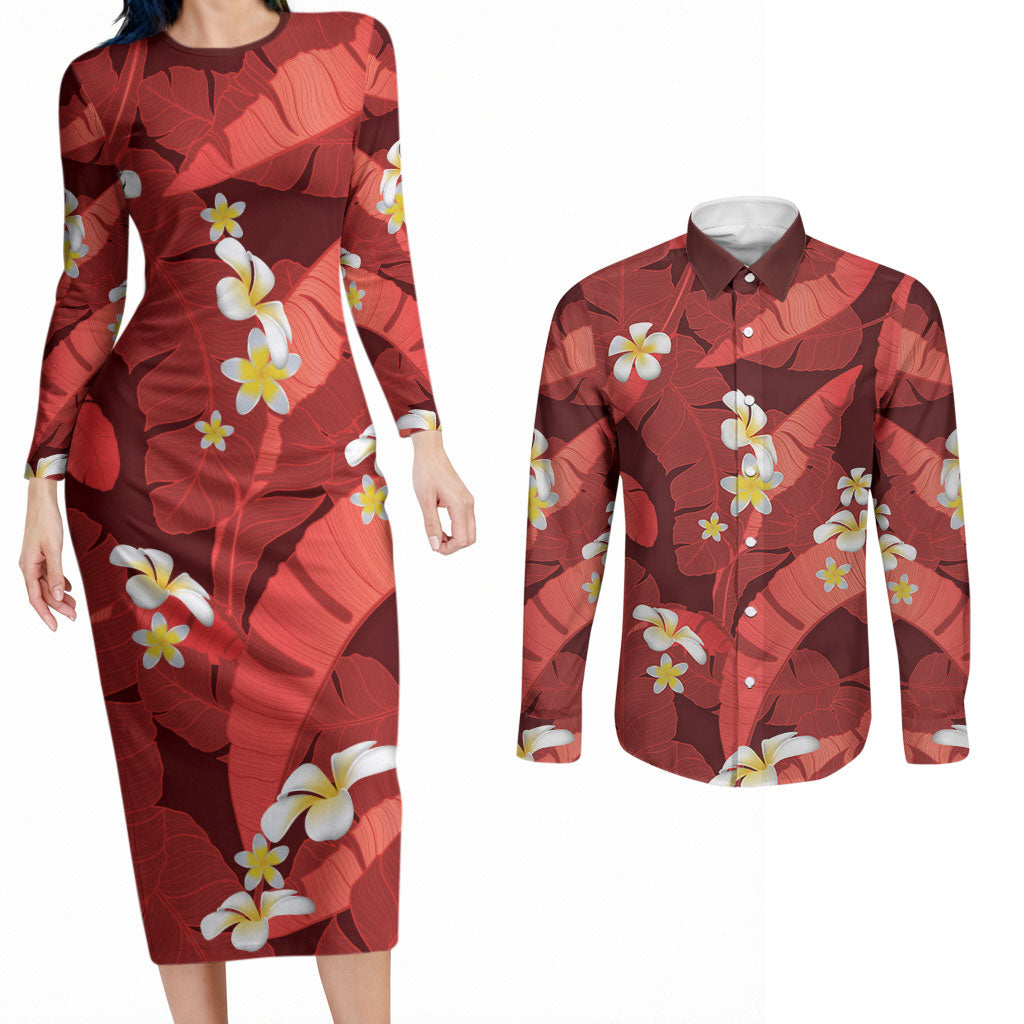 Red Banana Leaf Hawaii Couples Matching Long Sleeve Bodycon Dress and Long Sleeve Button Shirt Lau Maia Plumeria Tropical Summer Vibes LT14 Red - Polynesian Pride