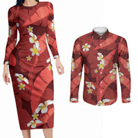 Red Banana Leaf Hawaii Couples Matching Long Sleeve Bodycon Dress and Long Sleeve Button Shirt Lau Maia Plumeria Tropical Summer Vibes LT14 Red - Polynesian Pride