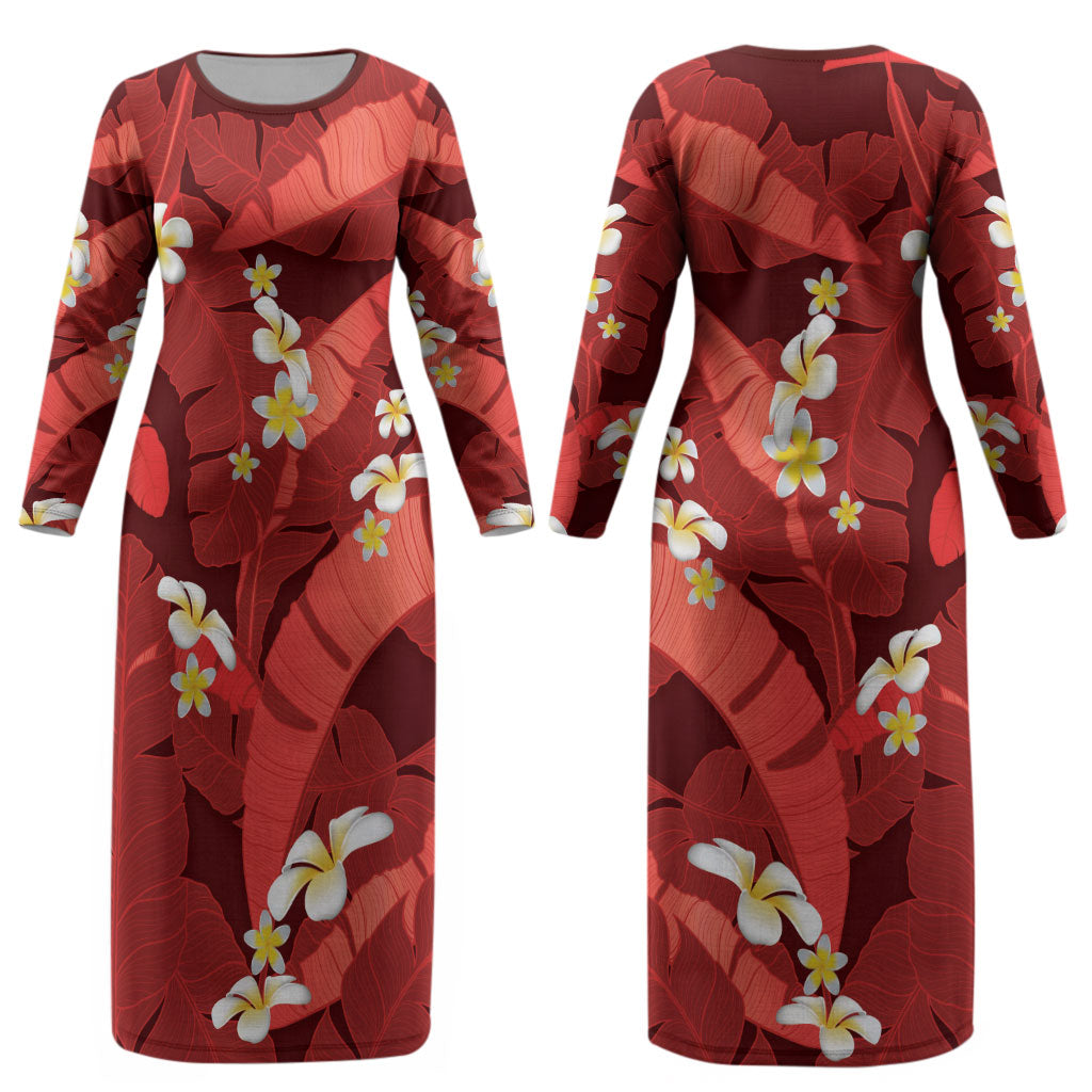 Red Banana Leaf Hawaii Couples Matching Long Sleeve Bodycon Dress and Long Sleeve Button Shirt Lau Maia Plumeria Tropical Summer Vibes LT14 - Polynesian Pride