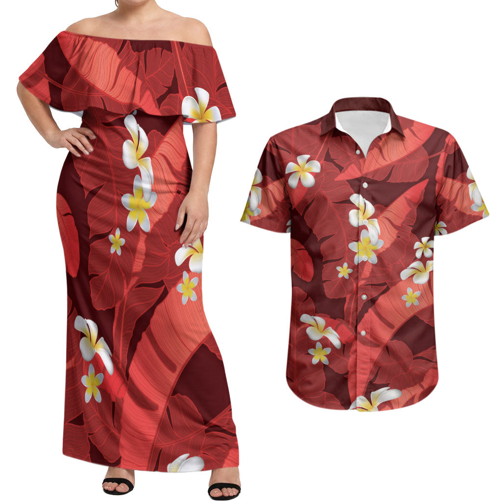 Red Banana Leaf Hawaii Couples Matching Off Shoulder Maxi Dress and Hawaiian Shirt Lau Maia Plumeria Tropical Summer Vibes LT14 Red - Polynesian Pride
