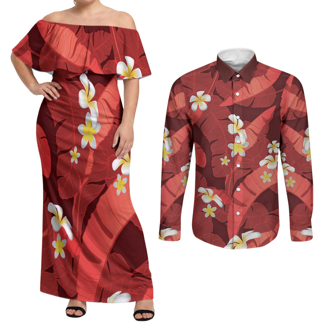 Red Banana Leaf Hawaii Couples Matching Off Shoulder Maxi Dress and Long Sleeve Button Shirt Lau Maia Plumeria Tropical Summer Vibes LT14 Red - Polynesian Pride