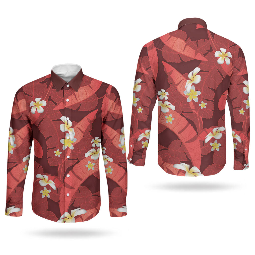 Red Banana Leaf Hawaii Couples Matching Off Shoulder Maxi Dress and Long Sleeve Button Shirt Lau Maia Plumeria Tropical Summer Vibes LT14 - Polynesian Pride