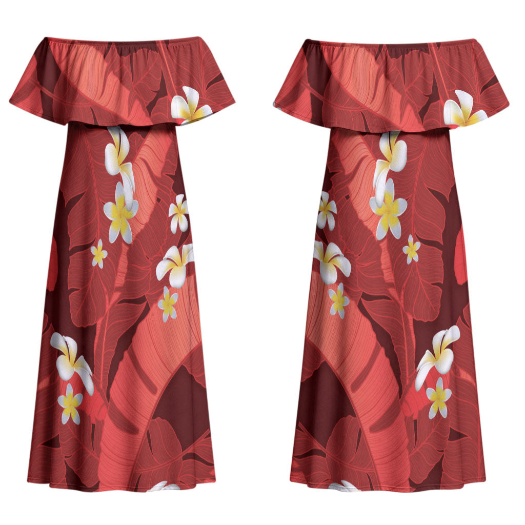 Red Banana Leaf Hawaii Couples Matching Off Shoulder Maxi Dress and Long Sleeve Button Shirt Lau Maia Plumeria Tropical Summer Vibes LT14 - Polynesian Pride
