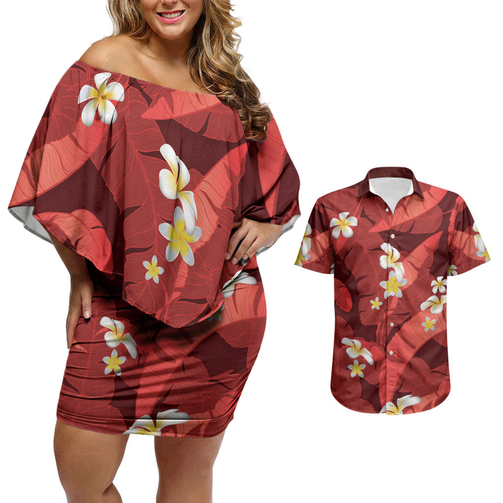 Red Banana Leaf Hawaii Couples Matching Off Shoulder Short Dress and Hawaiian Shirt Lau Maia Plumeria Tropical Summer Vibes LT14 Red - Polynesian Pride
