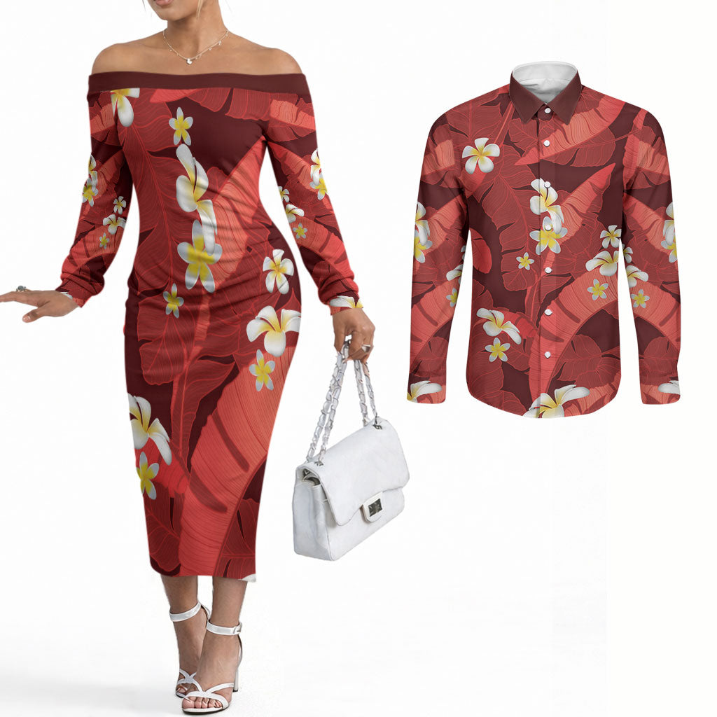 Red Banana Leaf Hawaii Couples Matching Off The Shoulder Long Sleeve Dress and Long Sleeve Button Shirt Lau Maia Plumeria Tropical Summer Vibes LT14 Red - Polynesian Pride