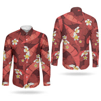 Red Banana Leaf Hawaii Couples Matching Off The Shoulder Long Sleeve Dress and Long Sleeve Button Shirt Lau Maia Plumeria Tropical Summer Vibes LT14 - Polynesian Pride