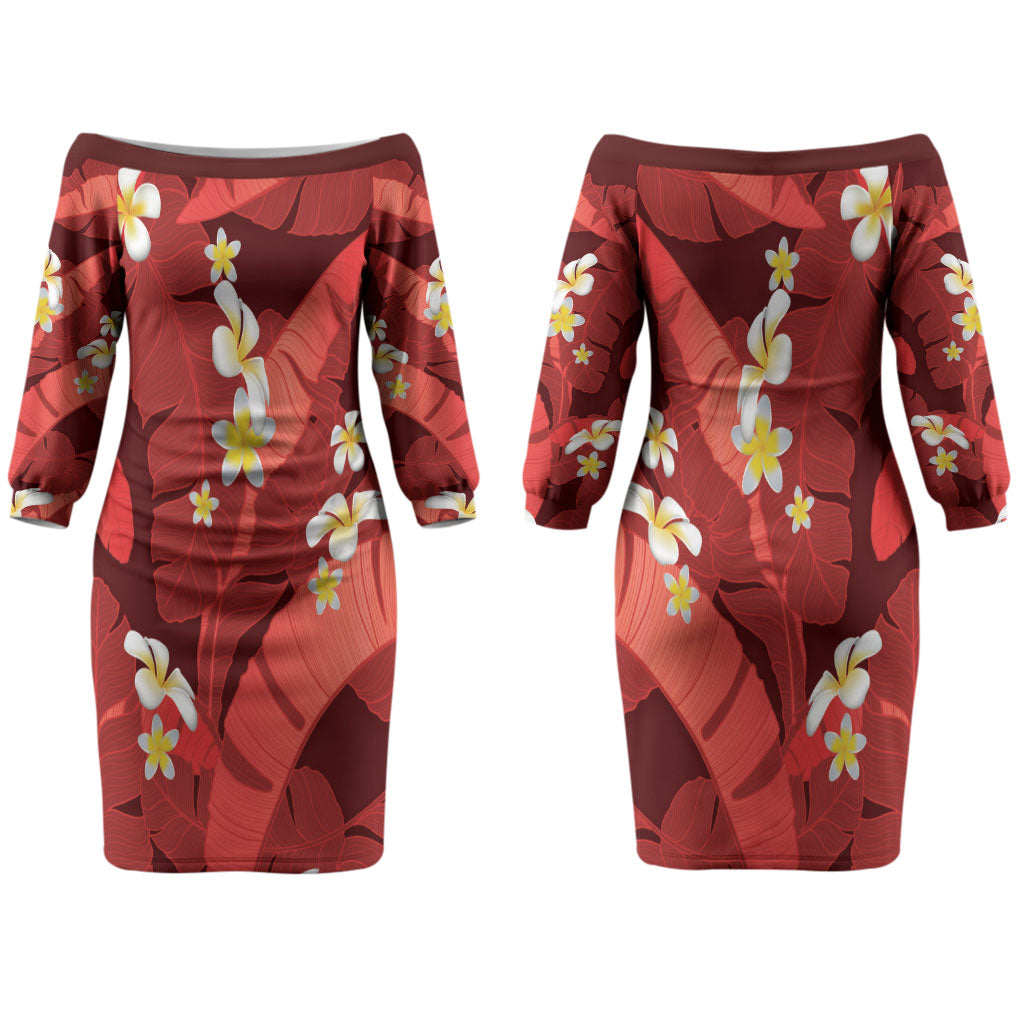 Red Banana Leaf Hawaii Couples Matching Off The Shoulder Long Sleeve Dress and Long Sleeve Button Shirt Lau Maia Plumeria Tropical Summer Vibes LT14 - Polynesian Pride