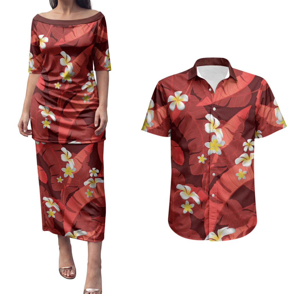 Red Banana Leaf Hawaii Couples Matching Puletasi and Hawaiian Shirt Lau Maia Plumeria Tropical Summer Vibes LT14 Red - Polynesian Pride