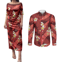Red Banana Leaf Hawaii Couples Matching Puletasi and Long Sleeve Button Shirt Lau Maia Plumeria Tropical Summer Vibes LT14 Red - Polynesian Pride