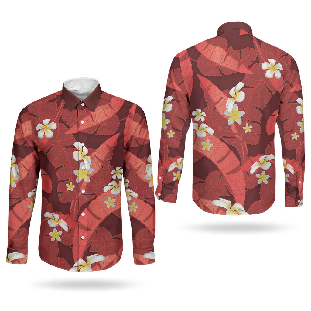 Red Banana Leaf Hawaii Couples Matching Puletasi and Long Sleeve Button Shirt Lau Maia Plumeria Tropical Summer Vibes LT14 - Polynesian Pride