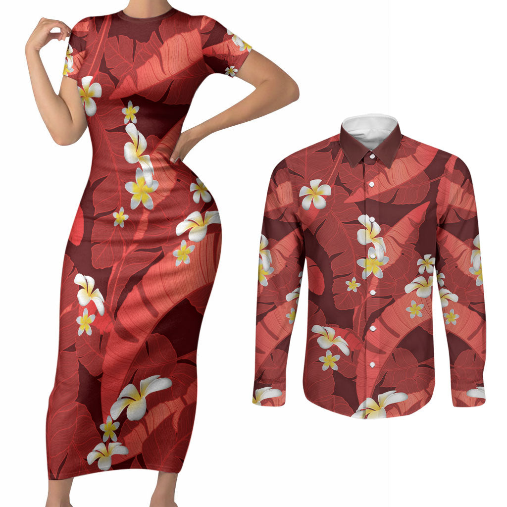 Red Banana Leaf Hawaii Couples Matching Short Sleeve Bodycon Dress and Long Sleeve Button Shirt Lau Maia Plumeria Tropical Summer Vibes LT14 Red - Polynesian Pride