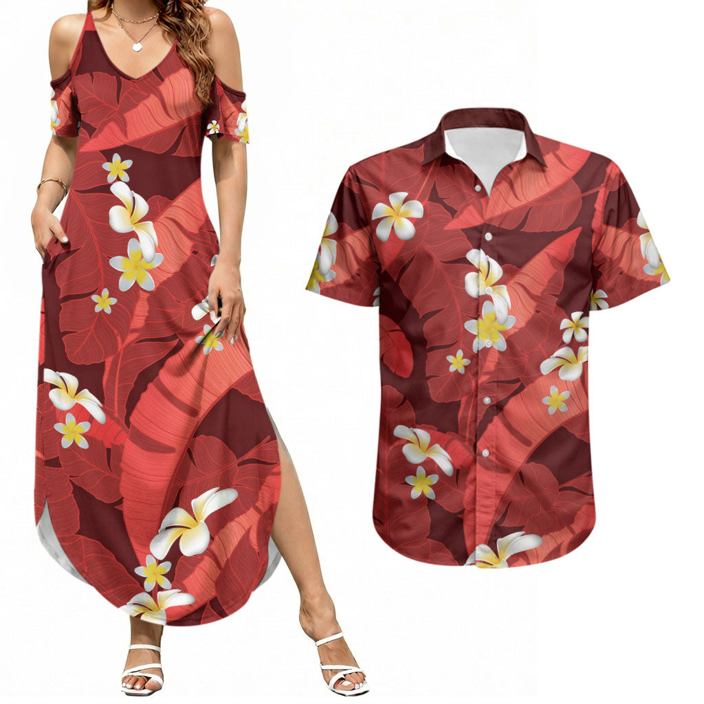 Red Banana Leaf Hawaii Couples Matching Summer Maxi Dress and Hawaiian Shirt Lau Maia Plumeria Tropical Summer Vibes LT14 Red - Polynesian Pride