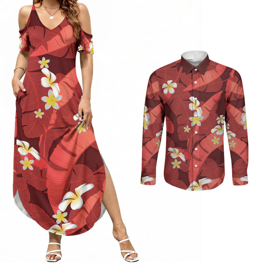 Red Banana Leaf Hawaii Couples Matching Summer Maxi Dress and Long Sleeve Button Shirt Lau Maia Plumeria Tropical Summer Vibes LT14 Red - Polynesian Pride